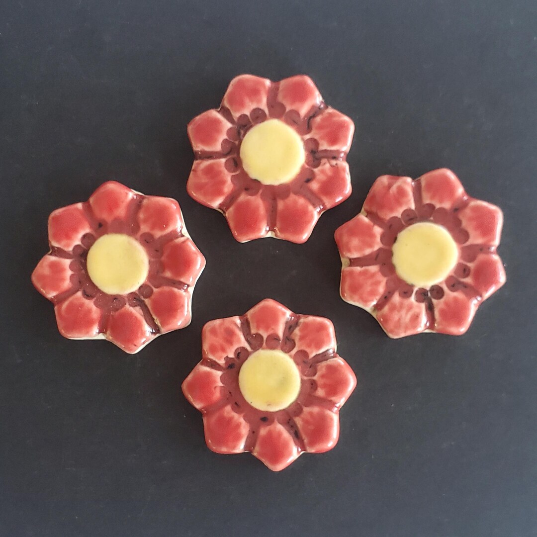 Red and Yellow Pointed Petal Mosaic Tile Set (4pc), Handmade Porcelain ...