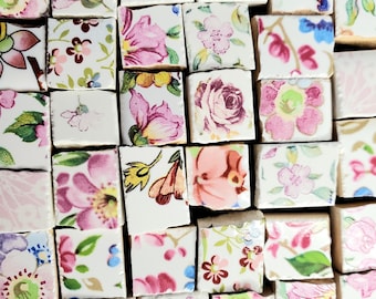 Pink Floral Mosaic Tile Mix, Set of Small Assorted Pieces, Potpourri Mix, Tiny Ceramic Variety for Art, Craft and DIY Projects