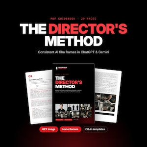 Könnte beinhalten: Ein 29-seitiges PDF-Handbuch mit dem Titel The Director's Method, das Anleitungen für konsistente KI-Filmrahmen in ChatGPT und Gemini enthält. Das Cover zeigt den Titel in weißem und rotem Text sowie Beispielbilder und Vorlagen.