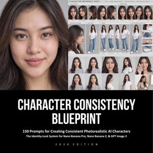 Może przedstawiać: Cyfrowy przewodnik zatytułowany CHARACTER CONSISTENCY BLUEPRINT 150 Prompts for Creating Consistent Photorealistic AI Characters The Identity-Lock System for Nano Banana Pro, Nano Banana 2, & GPT Image 2 2026 EDITION z arkuszem referencyjnym.
