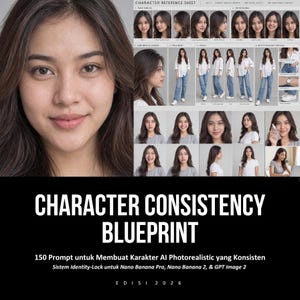 May include: A character reference sheet featuring a grid of photographs of a person with long brown hair in various angles, expressions, and poses, titled CHARACTER CONSISTENCY BLUEPRINT with additional text including 150 Prompt and EDISI 2026.