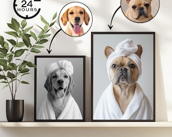 Retrato de mascota personalizado, divertido arte mural para baño con perros y gatos, decoración del hogar, descarga digital
