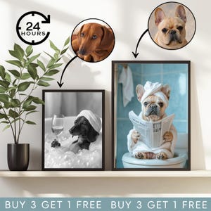 Custom Pet Portrait,Personalized Gift,Pet Bath Art,Cat Dog with Shower Cap on Toilet,Dog Portrait,Cat Portrait,Downloadable Gift,Wall Art