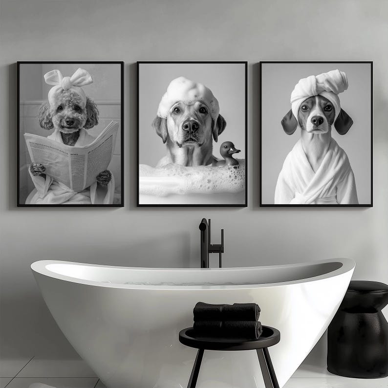 Puede incluir: Tres im&aacute;genes en blanco y negro de perros en un ba&ntilde;o. La primera imagen muestra un caniche con una toalla blanca en la cabeza y sosteniendo un peri&oacute;dico. La segunda imagen muestra un golden retriever con una toalla blanca en la cabeza y tomando un ba&ntilde;o. La tercera imagen muestra un beagle con una toalla blanca en la cabeza y mirando a la c&aacute;mara.