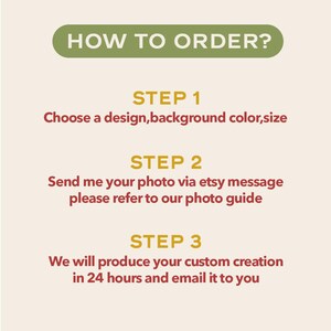 Puede incluir: C&oacute;mo pedir una creaci&oacute;n fotogr&aacute;fica personalizada. Elige un dise&ntilde;o, un color de fondo y un tama&ntilde;o. Env&iacute;a tu foto a trav&eacute;s de un mensaje de Etsy y consulta la gu&iacute;a de fotos. La creaci&oacute;n personalizada se producir&aacute; en 24 horas y se te enviar&aacute; por correo electr&oacute;nico.