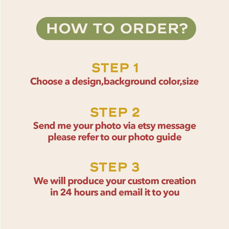 Puede incluir: C&oacute;mo pedir una creaci&oacute;n fotogr&aacute;fica personalizada. Elige un dise&ntilde;o, un color de fondo y un tama&ntilde;o. Env&iacute;a tu foto a trav&eacute;s de un mensaje de Etsy y consulta la gu&iacute;a de fotos. La creaci&oacute;n personalizada se producir&aacute; en 24 horas y se te enviar&aacute; por correo electr&oacute;nico.