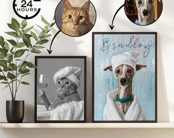 Retrato de mascota personalizado, perro divertido leyendo periódico, arte mural, decoración del hogar, descarga digital
