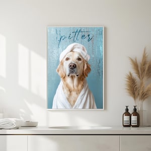 Puede incluir: Un perro golden retriever con una toalla blanca y una toalla blanca en la cabeza. El perro est&aacute; mirando a la c&aacute;mara. El fondo es un dise&ntilde;o abstracto azul y blanco con la palabra "Pitter" escrita en blanco.