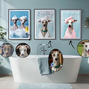 Retrato de mascota personalizado, arte de pared divertido para baño con perro, decoración del hogar, descarga digital imagen 4