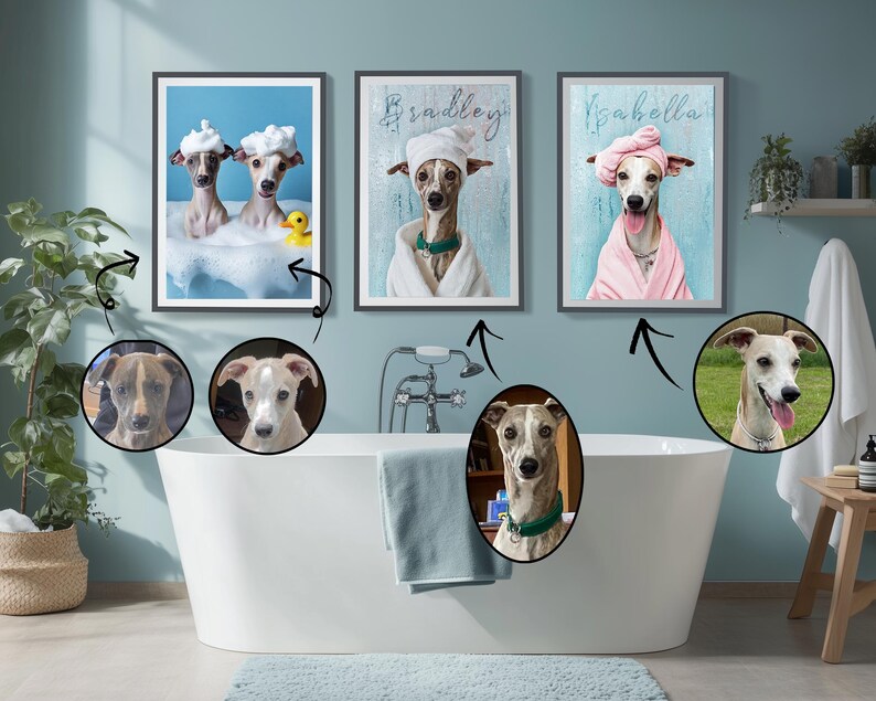 Retrato de mascota personalizado, arte de pared divertido para baño con perro, decoración del hogar, descarga digital imagen 4