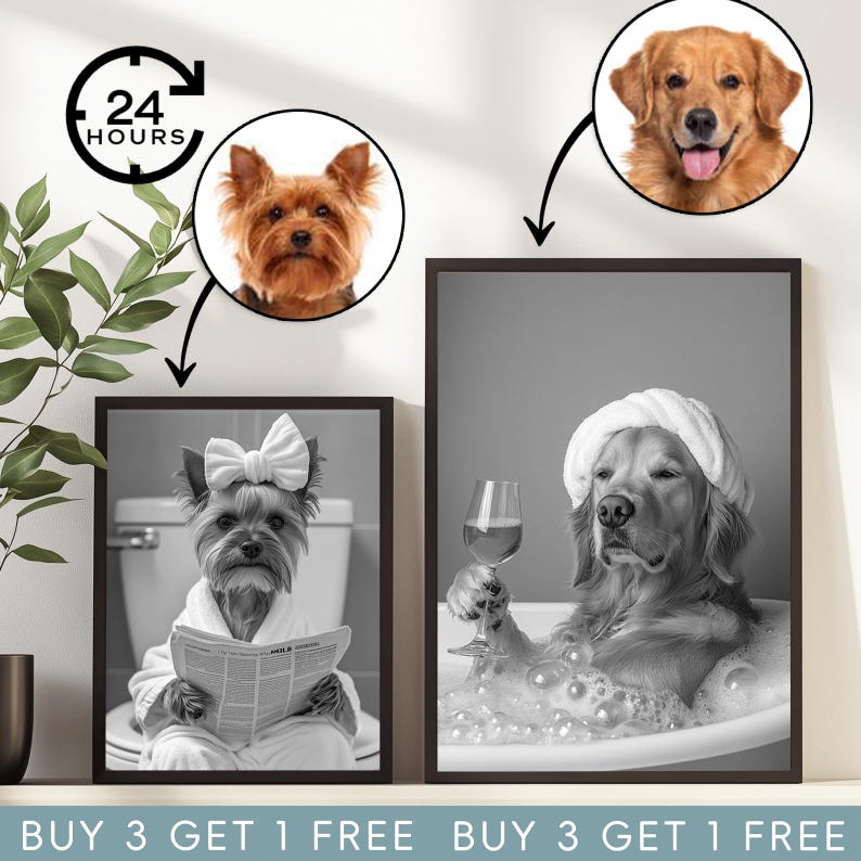 Puede incluir: Dos fotos en blanco y negro de perros. La primera foto muestra un perro con una bata de ba&ntilde;o y sosteniendo un peri&oacute;dico. La segunda foto muestra un perro con una toalla blanca en la cabeza y relaj&aacute;ndose en una ba&ntilde;era.