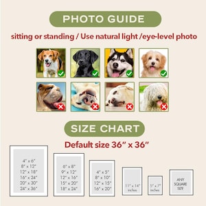 Puede incluir: Una gu&iacute;a fotogr&aacute;fica para tomar fotos de mascotas para retratos personalizados. La gu&iacute;a muestra ejemplos de fotos buenas y malas. La gu&iacute;a tambi&eacute;n incluye una tabla de tallas para los retratos, con tama&ntilde;os que van desde 4x6 pulgadas hasta 36x36 pulgadas.