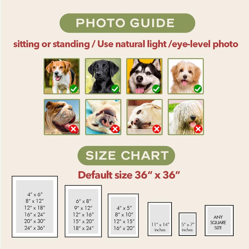 Puede incluir: Una gu&iacute;a fotogr&aacute;fica para tomar fotos de mascotas para retratos personalizados. La gu&iacute;a muestra ejemplos de fotos buenas y malas. La gu&iacute;a tambi&eacute;n incluye una tabla de tallas para los retratos, con tama&ntilde;os que van desde 4x6 pulgadas hasta 36x36 pulgadas.