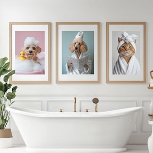Puede incluir: Tres impresiones enmarcadas de animales con batas de ba&ntilde;o. Las impresiones est&aacute;n colgadas en una pared blanca sobre una ba&ntilde;era blanca. Los animales son un perro, un caniche y un gato.