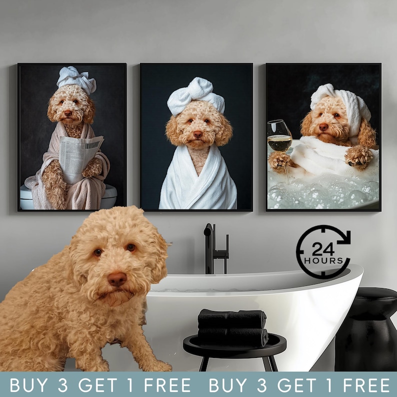 Retrato de mascota personalizado, arte de pared divertido para baño con perro, decoración del hogar, descarga digital imagen 3