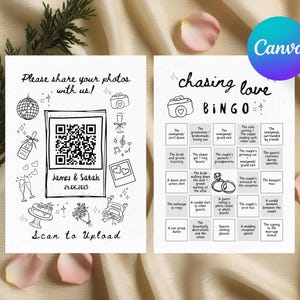 Op de afbeelding: Zwart-witte trouwbingo-kaart met de titel "chasing love" en vakjes met daarin trouwactiviteiten zoals "de bruid en bruidegom lopen de gang door" en "de eerste kus".