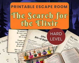 Può includere: Gioco di escape room stampabile intitolato "The Search for the Elixir". L'immagine presenta vari elementi di puzzle, tra cui un indice delle piante, regole e un indicatore di livello difficile. Il design incorpora un tema fantasy con una silhouette di castello sullo sfondo.