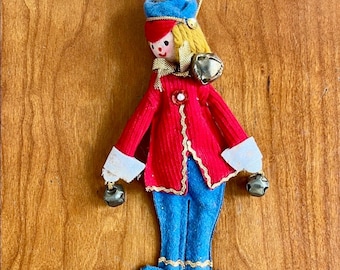 Vintage 1950’s Hand Made and Hand Painted Felt Pixie Elf Christmas Tree Ornament With Bells!