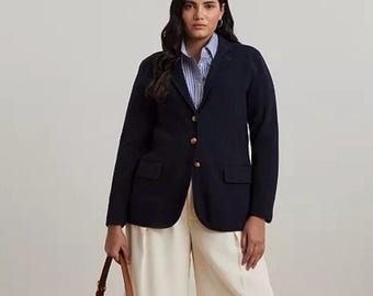 Blazer Elizabeth by Liz Claiborne Vintage Classic Azul Marino Ligero de Lana con Botonadura Sencilla y Botones Dorados. Talla 20 Petite.