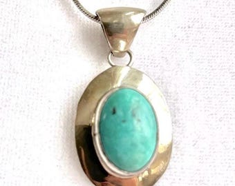 Navajo Henry Yazzie Signed Vintage Turquoise and Sterling Silver Pendant with Stamped 925 Sterling Silver Chain.