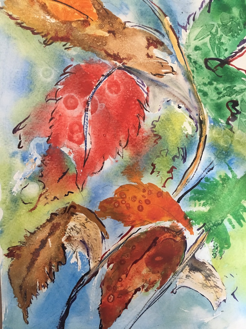 May include: Watercolor painting of autumn leaves in shades of red, orange, brown, and green. The leaves are arranged in a swirling pattern, with some overlapping and others partially obscured. The background is a light blue color, with hints of yellow and green.
