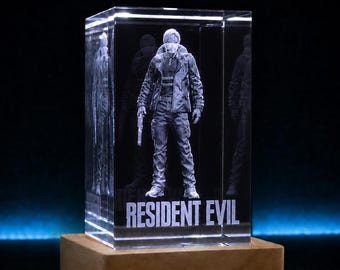 Leon S. Kennedy - Lampada di cristallo Resident Evil K9, incisione laser 3D, base in vero legno con LED RGB