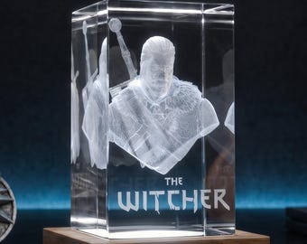 Geralt of Rivia - The Witcher K9 Crystal Lamp, 3D Laser Engraving, Real Wooden Base with LED