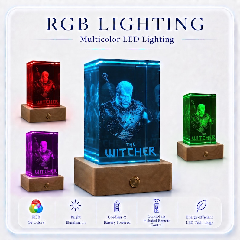 Pu&ograve; includere: Una lampada rettangolare in cristallo con un'incisione laser 3D del personaggio The Witcher su una base in legno. La lampada presenta un'illuminazione RGB in rosso, blu, viola e verde. Il testo include RGB LIGHTING, Multicolor LED Lighting e THE WITCHER.