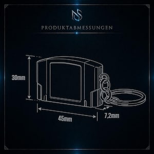 May include: A black video game cartridge keychain with a silver key ring and chain. The dimensions are 4.5cm long, 3cm high, and 0.72cm thick. The text "PRODUKTABMESSUNGEN" is at the top.