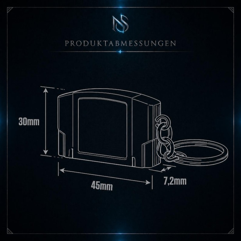 May include: A black video game cartridge keychain with a silver key ring and chain. The dimensions are 4.5cm long, 3cm high, and 0.72cm thick. The text "PRODUKTABMESSUNGEN" is at the top.