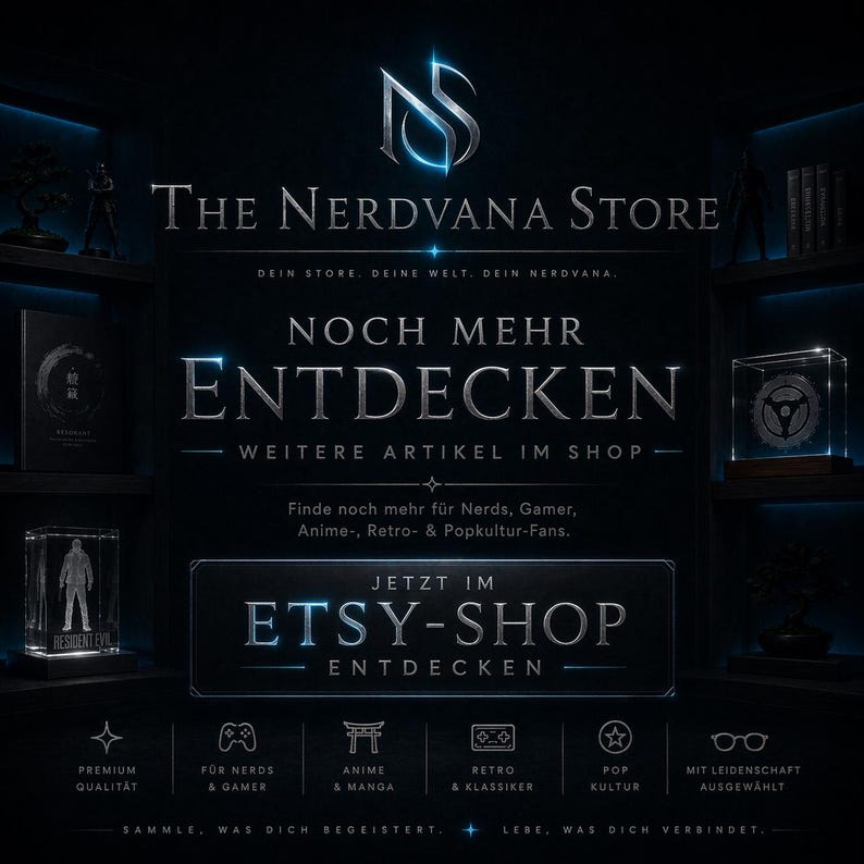 Może przedstawiać: Ciemnoniebieski obraz promocyjny dla The Nerdvana Store na Etsy. Tekst zawiera "The Nerdvana Store" i "ETSY-SHOP". Obraz zawiera r&oacute;wnież tekst "NOCH MEHR ENTDECKEN" oraz ikony dla jakości premium, anime, retro i popkultury.
