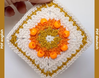 Sunburst Granny Square Crochet Pattern with Beads | Beaded Crochet Fidget Square | Grandma Square Pattern | Sun Motif Granny Square | PDF
