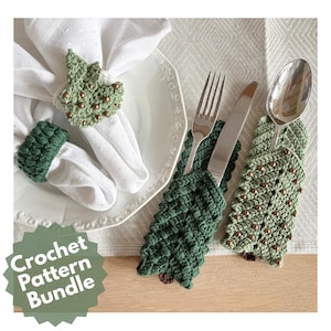 May include: A collection of handmade crochet items, including napkin rings and cutlery holders. The napkin rings are green with a leaf design and brown bead accents. The cutlery holders are shaped like leaves. The image includes the text "Crochet Pattern Bundle."