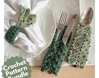 Christmas Tree Cutlery Holder & Napkin Ring Crochet Pattern, Holiday Table Decor, Christmas Decorating Coffee Table, Christmas Table Decore