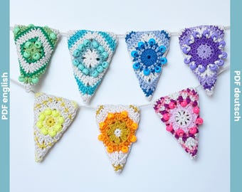 Crochet Bunting Pattern Granny Triangle | Beaded Crochet Garland PDF | Boho Crochet Banner | Pennant Pattern | Party Decor Bunting Pattern