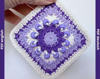 Flower Granny Square Crochet Pattern with Beads | Beaded Crochet Fidget Square | purple Grandma Square Pattern | Flower Motif Granny | PDF