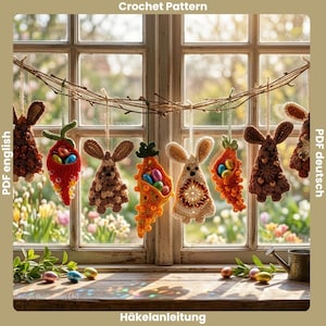Easter Crochet Pattern PDF: 2-in-1 Granny Square Bunny & Fillable Beaded Carrot – Scrap Yarn Project – DIY Easter Decor, Basket Stuffers