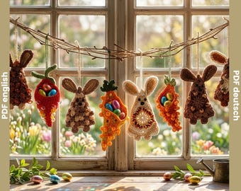Easter Crochet Pattern PDF: 2-in-1 Granny Square Bunny & Fillable Beaded Carrot – Scrap Yarn Project – DIY Easter Decor, Basket Stuffers