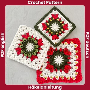 Peut inclure: Trois patrons de crochet carrés en blanc, rouge et vert, ornés de perles. Le haut de l'image indique "Crochet Pattern". Le bas de l'image indique "Häkelanleitung". Le côté gauche de l'image indique "PDF english". Le côté droit de l'image indique "PDF deutsch".