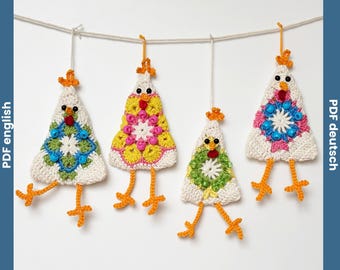 Crochet Pattern Chicken Granny Square w. Beads, Easter Decor PDF, Easter Tree Ornament, Chick Easter Garland, Spring Decor Boho Farmhouse