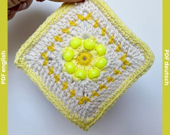 Beaded Sunburst Granny Square Crochet Pattern | Beaded Crochet Fidget Square Sun | Circle to Square | Modern 3D Flower Motif |Tactile Design