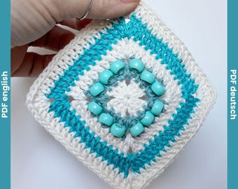Solid Granny Square Crochet Pattern with Beads | Beaded Crochet Fidget Square | Turquoise Single Granny Square Pattern | Turbo Granny Square