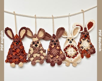 Crochet Pattern beaded Granny Square Easter Bunny, Easter Ornament Tutorial, Easter Tree Ornament, Easter Rabbit Garland, DIY Easter Decor