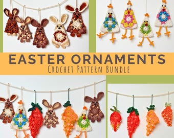 Crochet Pattern Bundle : Easter Ornaments - Bunny, Carrot, Chicken, Granny Square Garland, Easter Tree, DIY Easter Decor, Basket Stuffers