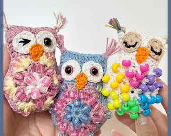Beaded Crochet Fidget Owl Pattern, Beaded Fidget Toy Amigurumi Owl, Granny Square African Flower Owl, Spring Decor, Crochet Fidget Pattern