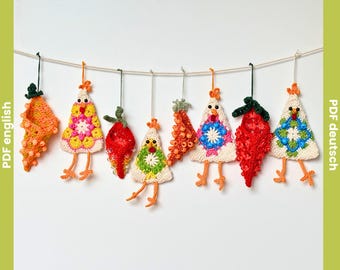 Crochet Pattern Easter Garland: Crazy Chicken & Beaded Carrot, PDF Easter Tree Ornament, DIY Easter Decor, Stash Buster, Granny Square Chick