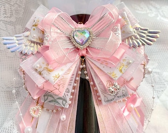 Handmade Ribbon Bow, Pink, Purple, Angel Wings Bow, Beaded Chain, Light Stick Accessory for K-Pop