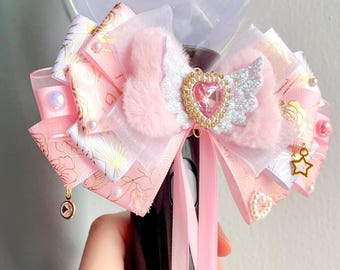 Handmade Light Stick Ribbon Bow, Pink & White, Angel Wings Bow, K-Pop Concert Accessory, Gift