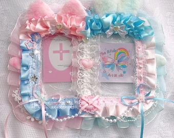 Photocard Holder, Lace Trim Dual Card Holder with Cat & Bunny Ears, Chain Attachment, Handmade Cute Card Holder, Ita Bag Accessory, Keychain