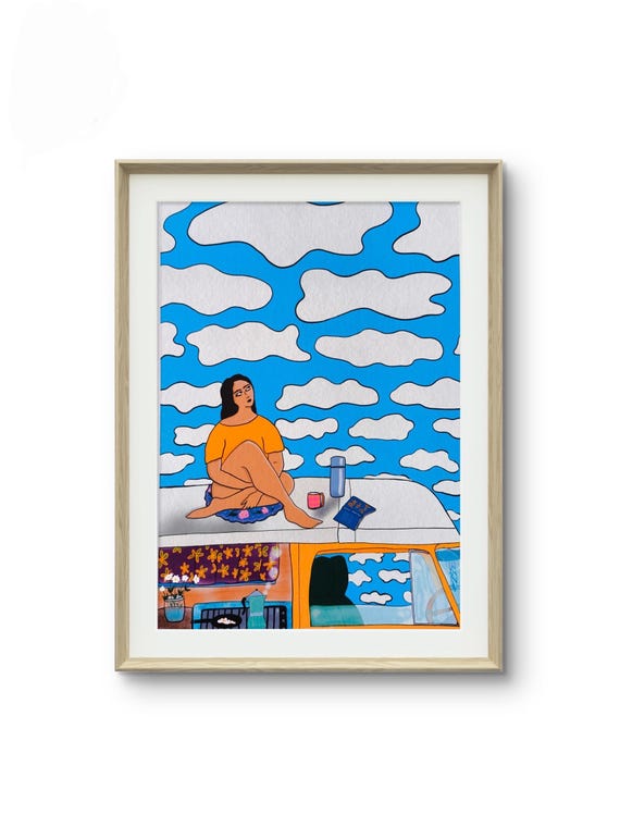 DAYDREAM- art print van life nature voyage solo aventure van combi vw affiche illustration lecture café liberté slow life hippie femme libre